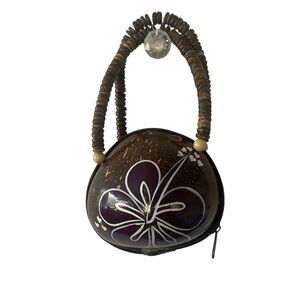 Hand Carved Coconut Coco Purse Shell Hawaii Painted Purple Flower Lined Zip
